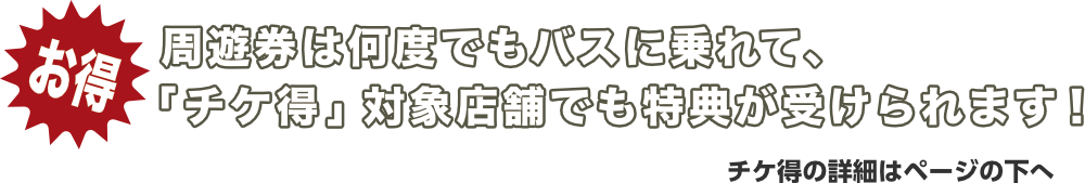 周遊券は何度でもバスに乗れて、「チケ得」対象店舗でも特典が受けられます！チケ得の詳細はページの下へ