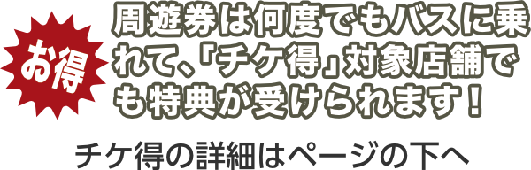 周遊券は何度でもバスに乗れて、「チケ得」対象店舗でも特典が受けられます！チケ得の詳細はページの下へ